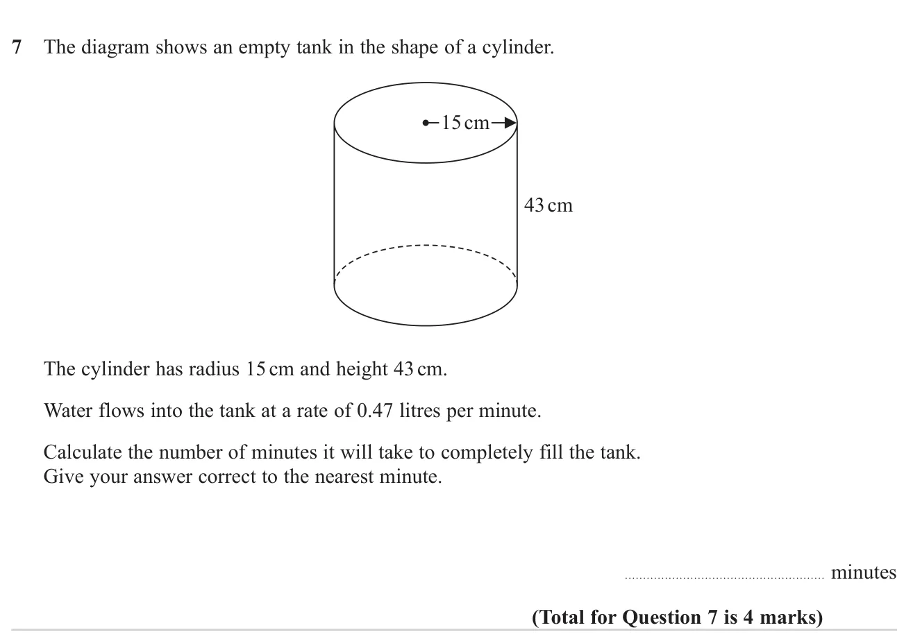 Find the volume of a cylinder, convert it to litres and work out the filling time at a given rate.
