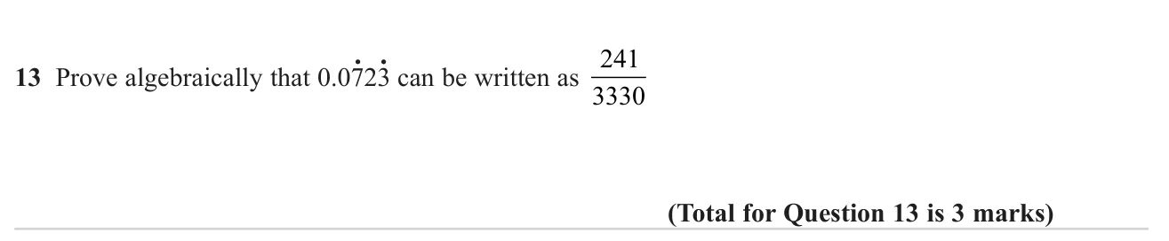 Prove algebraically that a recurring decimal equals a given fraction.