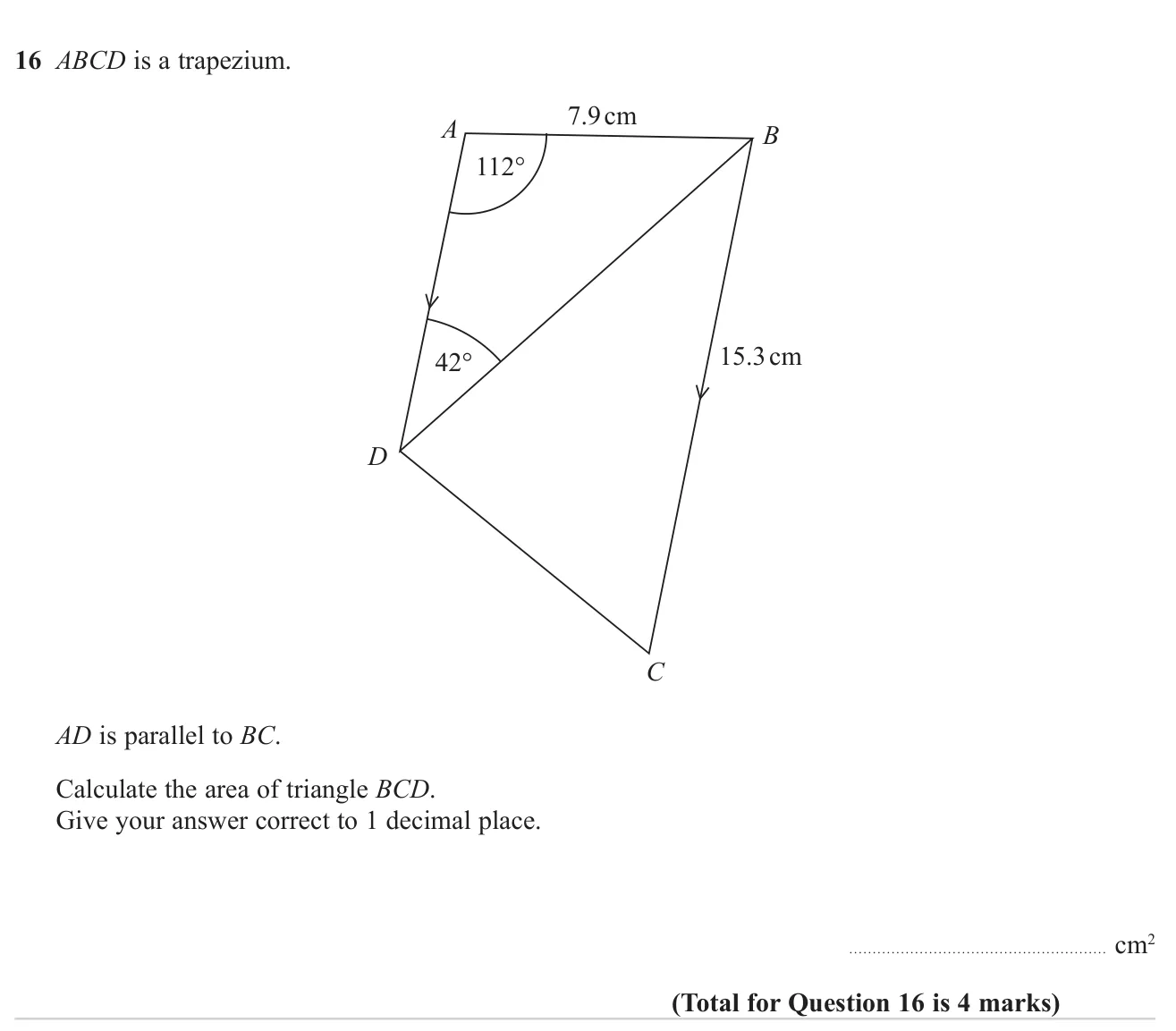 In a trapezium, use the sine rule then the sine area formula to find the area of a triangle.