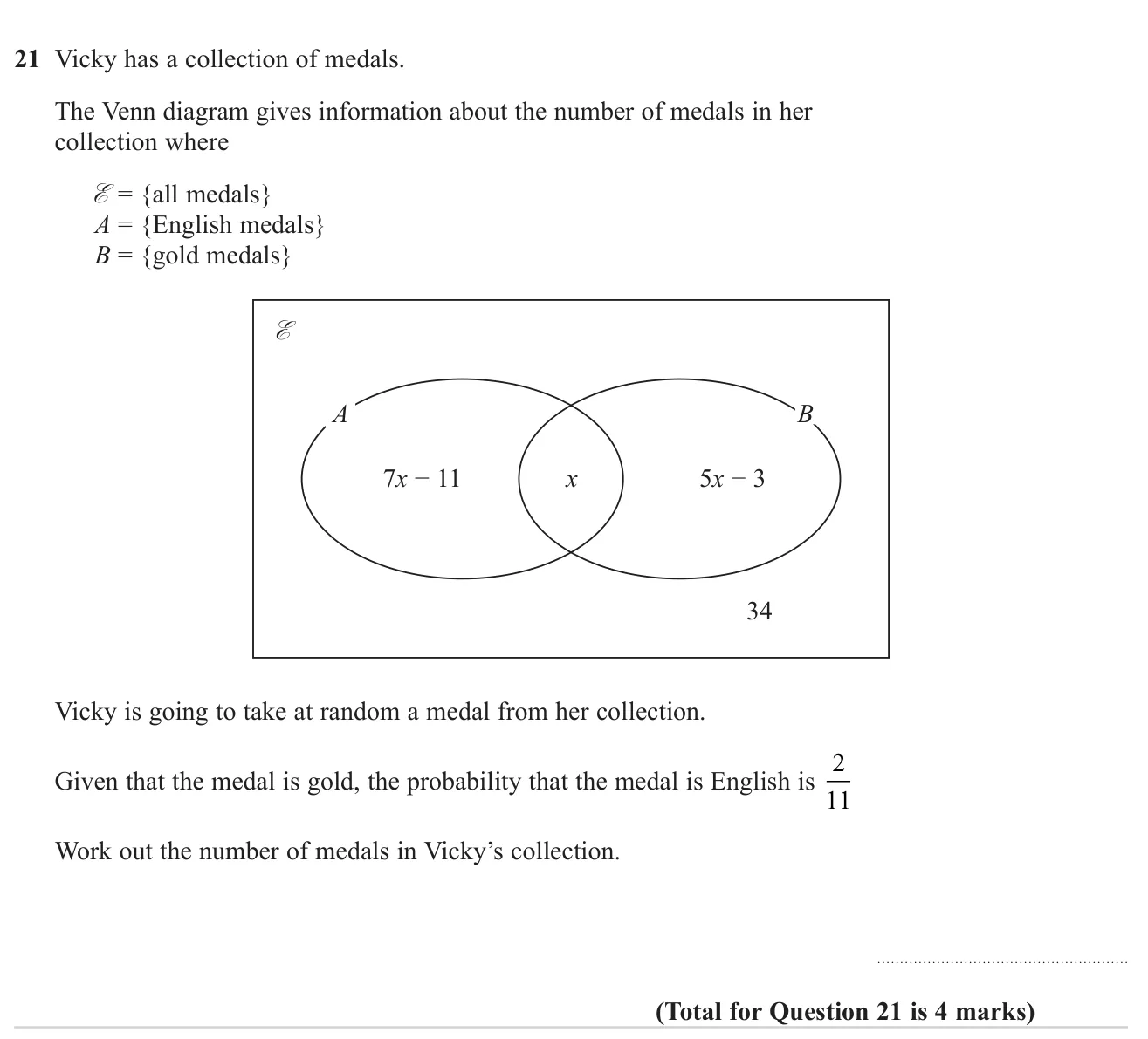 Use a conditional probability from a Venn diagram to form an equation and find the total number of items.