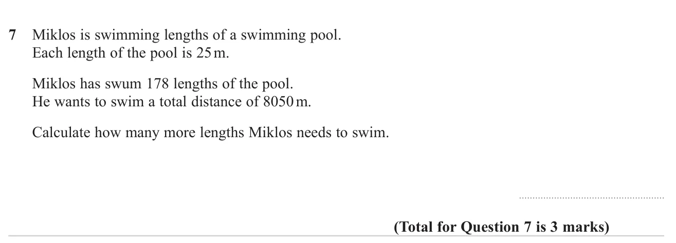 Find how many more pool lengths a swimmer needs to reach a target distance.