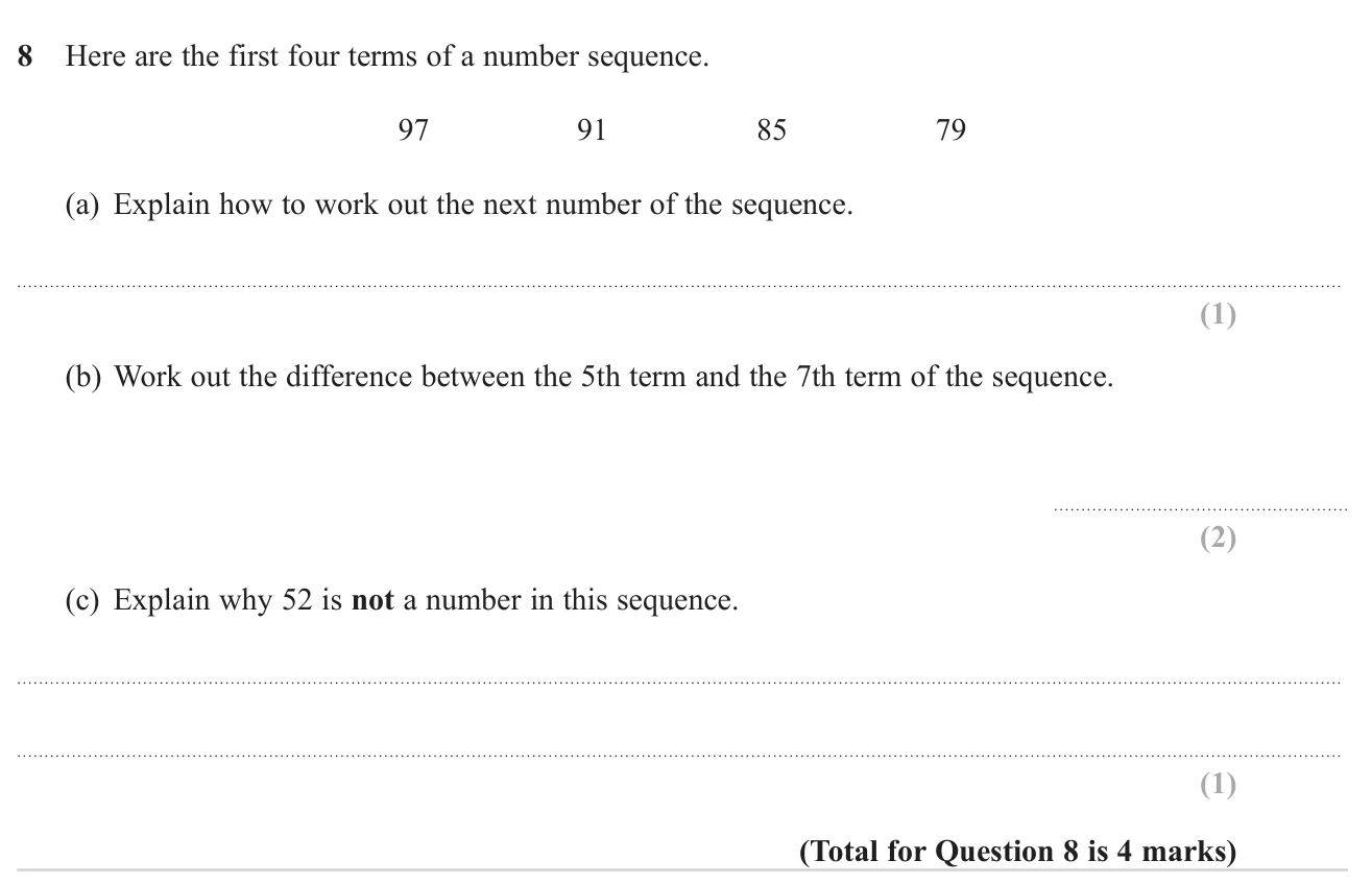 Describe the rule of a decreasing sequence, find the gap between two later terms and explain why a number is not in it.