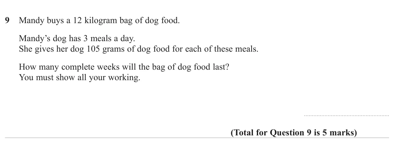 Work out how many whole weeks a bag of dog food lasts at a given daily feeding rate.