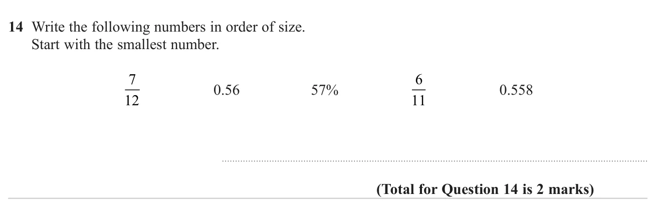 Put a mix of fractions, decimals and a percentage in order of size.