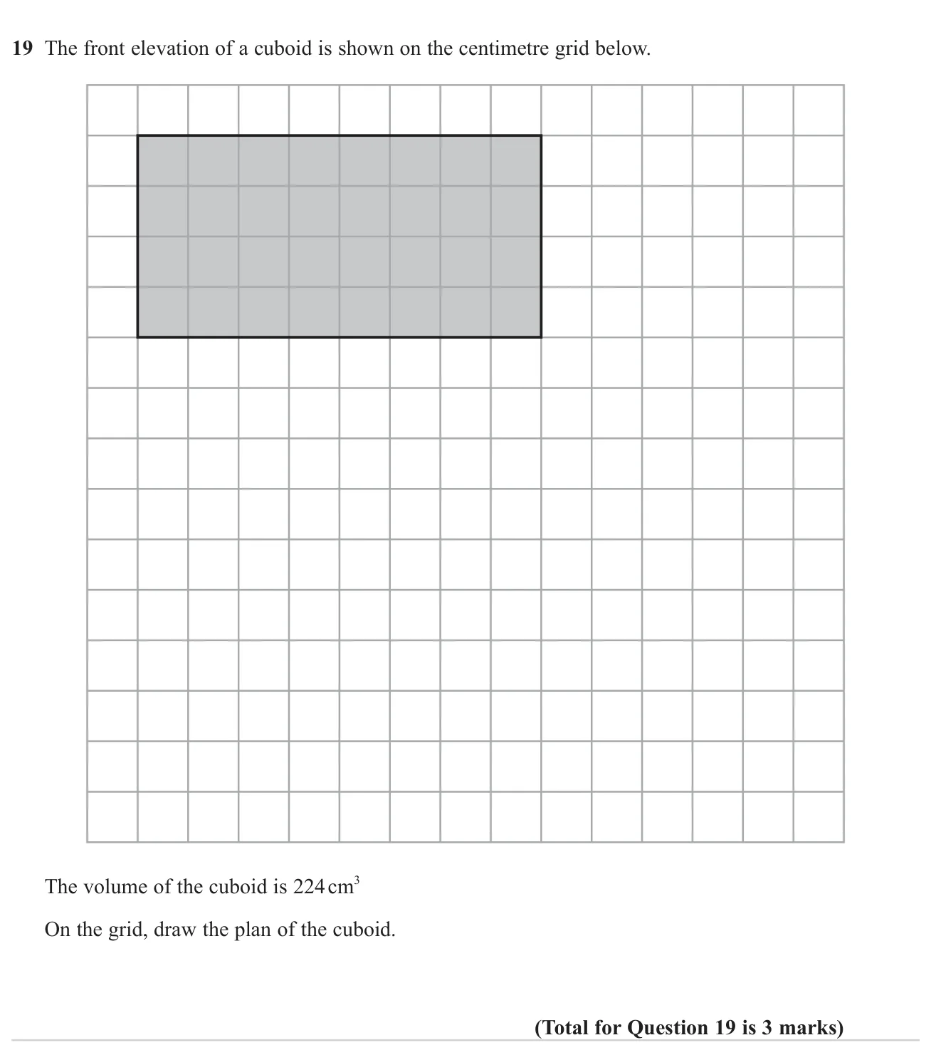Draw the plan view of a cuboid from its front elevation and its volume.