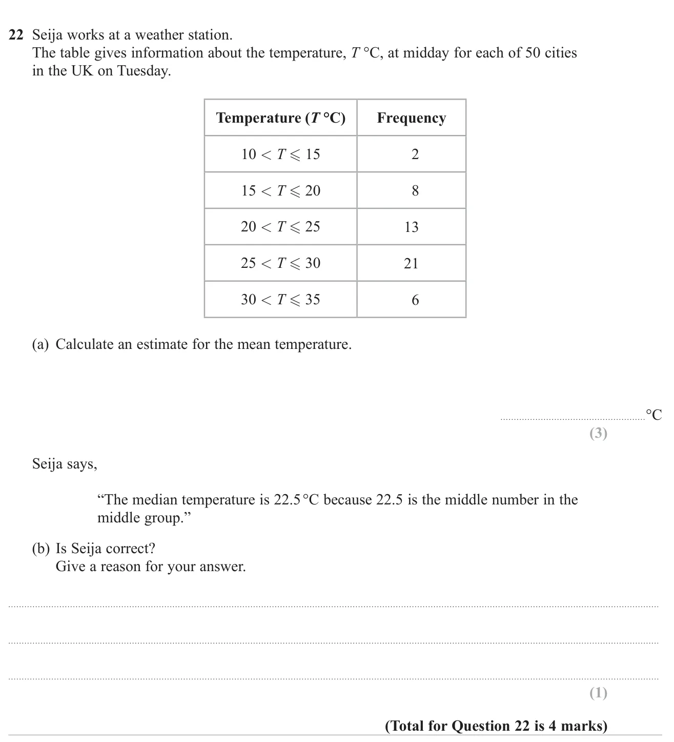 Estimate the mean from a grouped frequency table and judge a claim about the median.