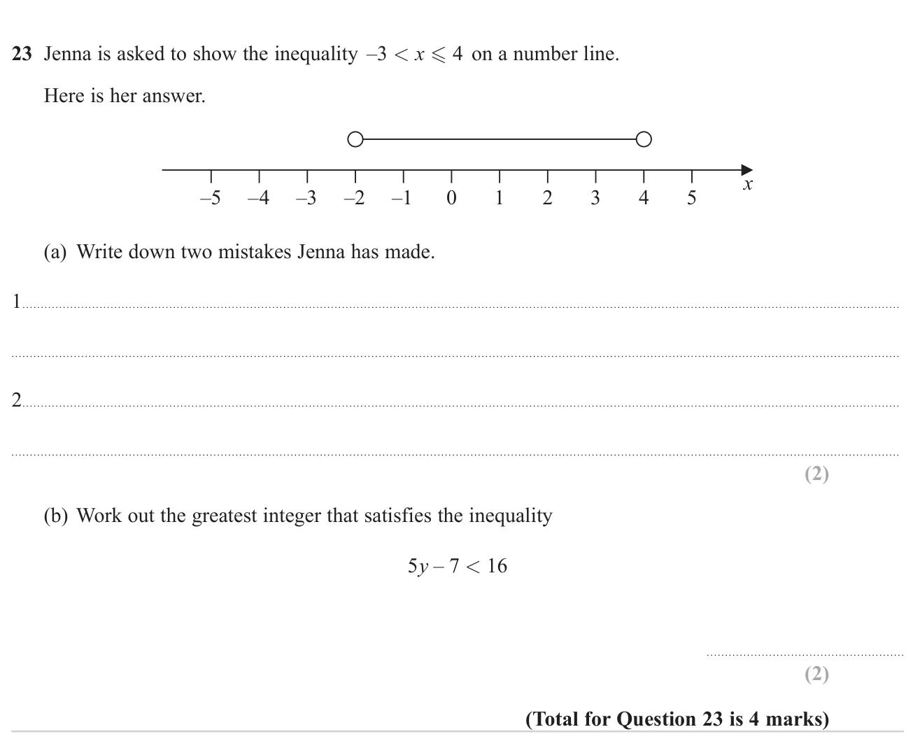 Spot two errors on a number line showing an inequality, and find the largest integer satisfying a linear inequality.