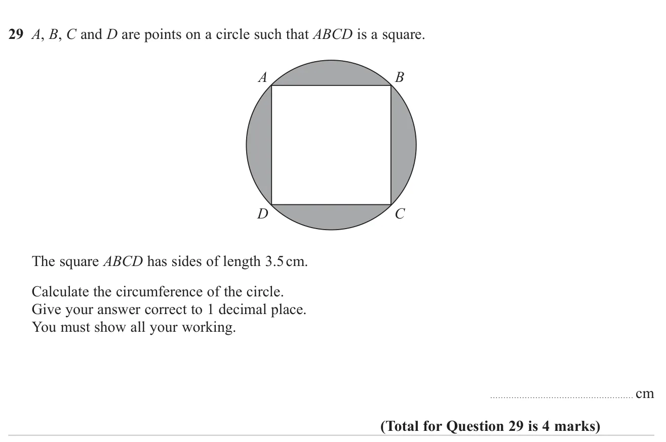 Find the circumference of the circle through the corners of a square.