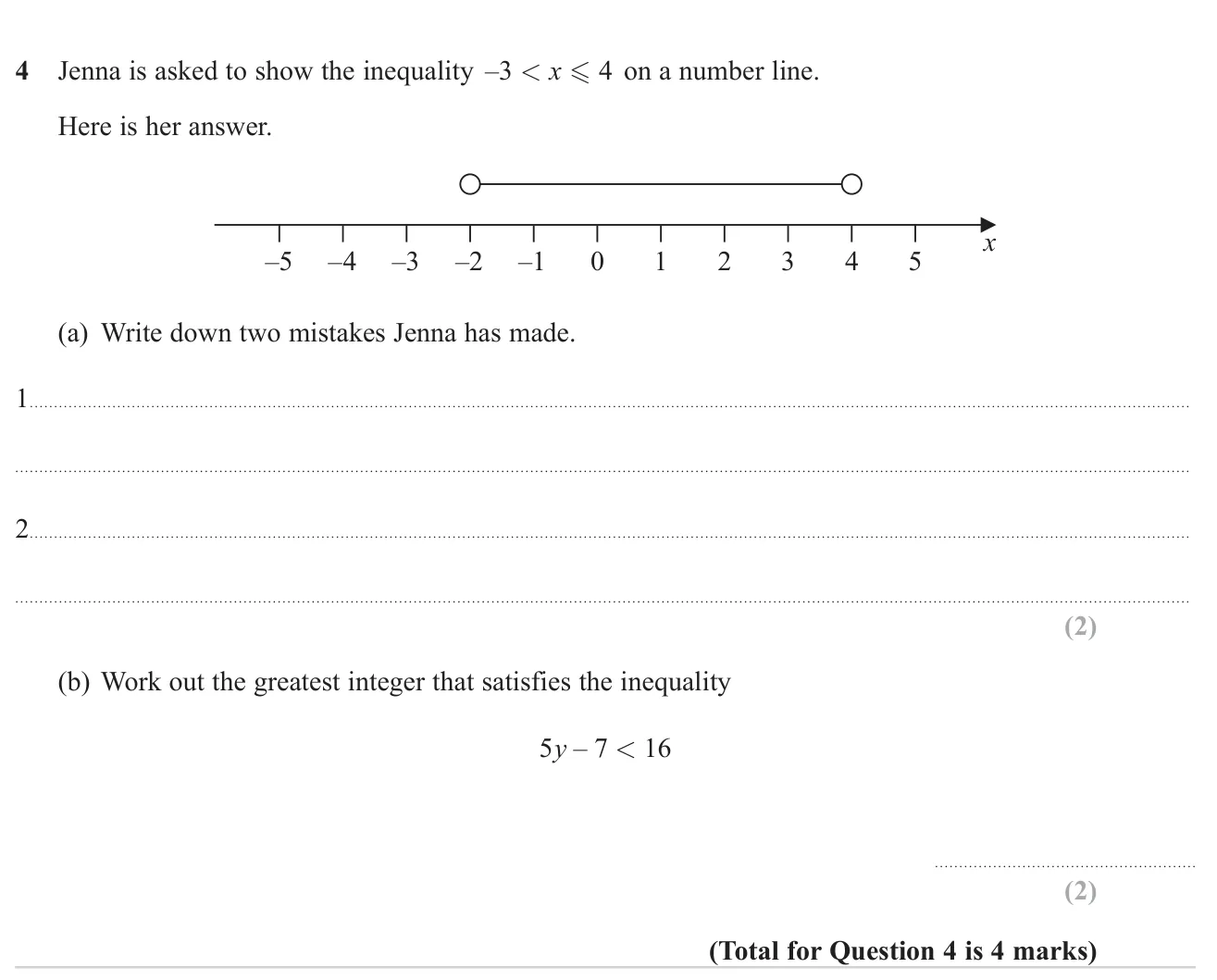 Spot two errors on a number line showing an inequality, and find the largest integer satisfying a linear inequality.
