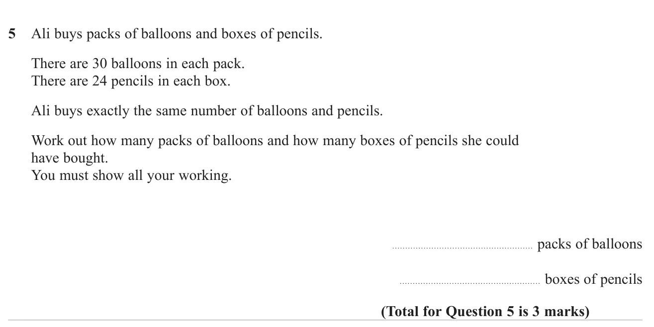 Use common multiples to find how many packs of two items give equal totals.