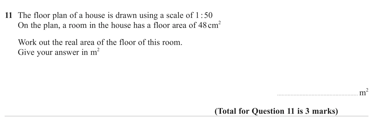 Use a scale to convert an area on a plan into a real area in square metres.