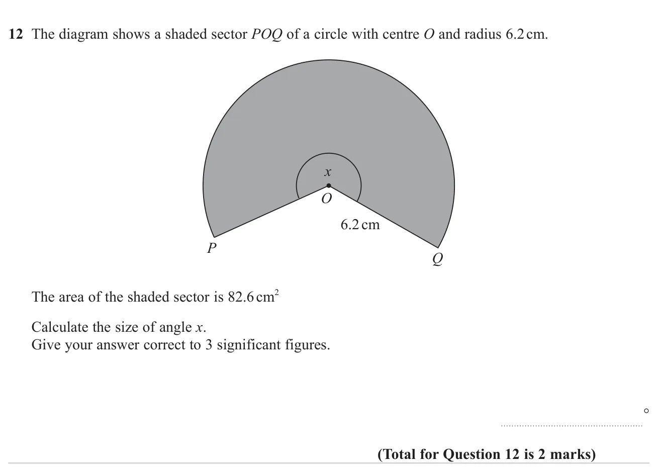 Find the angle of a reflex sector given its area and the radius of the circle.