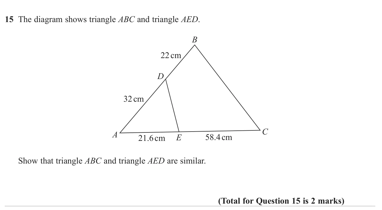 Show that two triangles sharing an angle are similar by comparing ratios of corresponding sides.