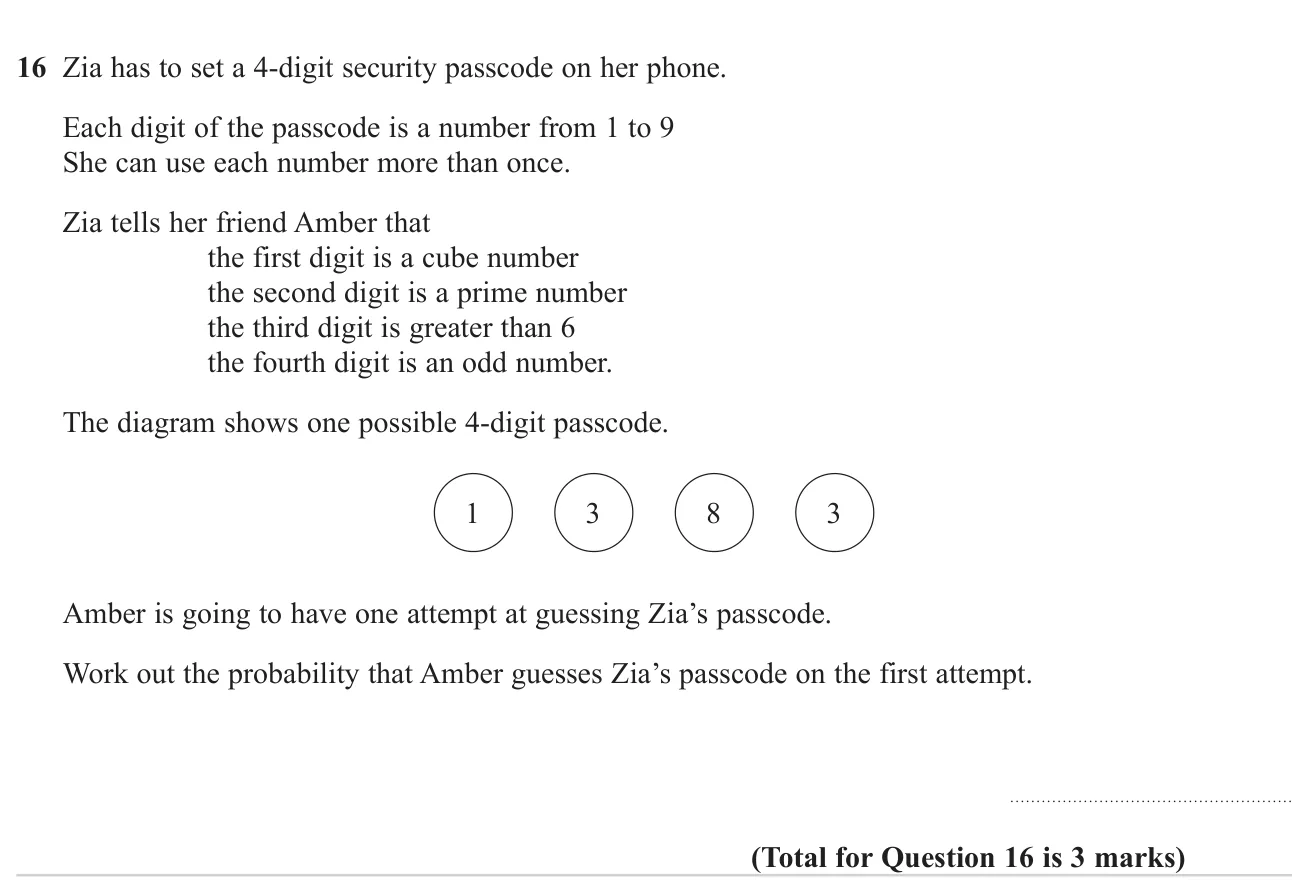 Count the possible four-digit passcodes meeting conditions on each digit and find the probability of guessing it first time.