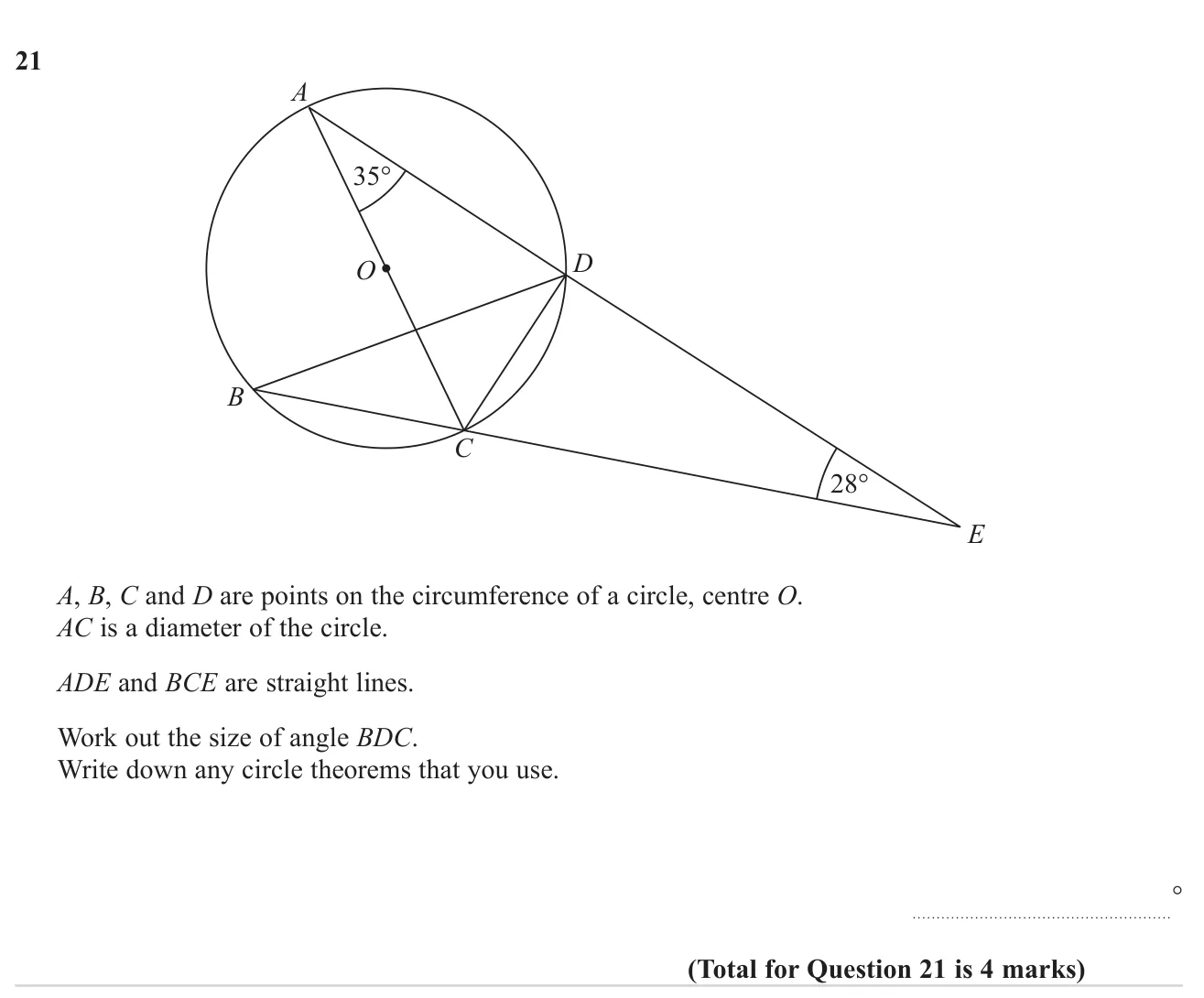 Use circle theorems and triangle angle facts to find an angle in a diagram with a diameter and lines meeting outside the circle.