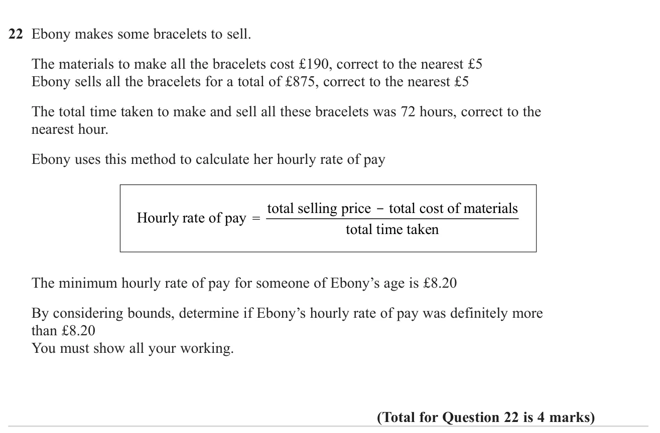Use upper and lower bounds of rounded costs, takings and time to decide whether an hourly rate is definitely above a minimum wage.