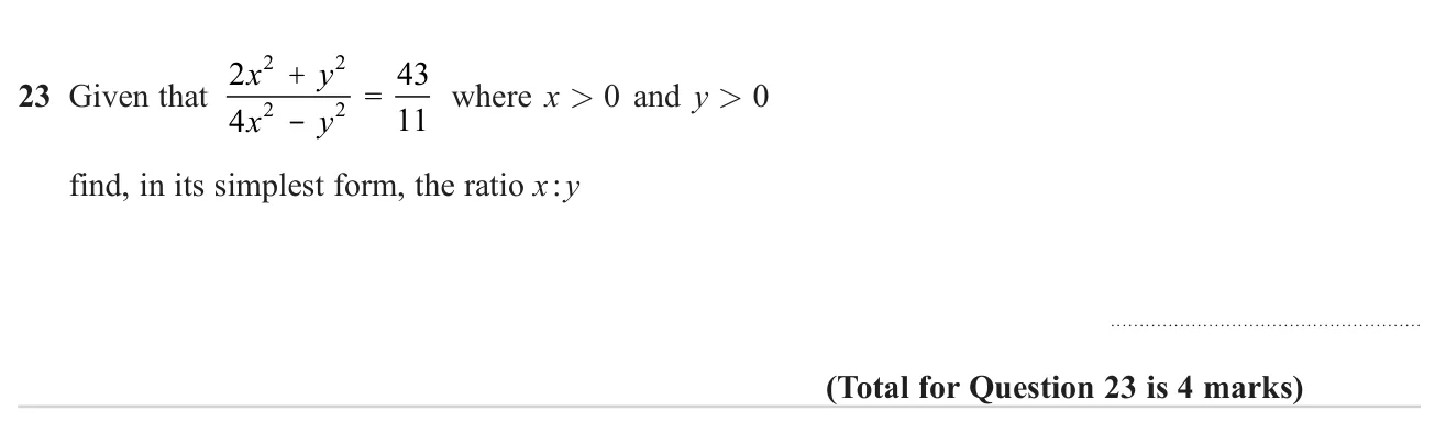 Solve an equation of algebraic fractions in x squared and y squared to find the ratio x to y in its simplest form.
