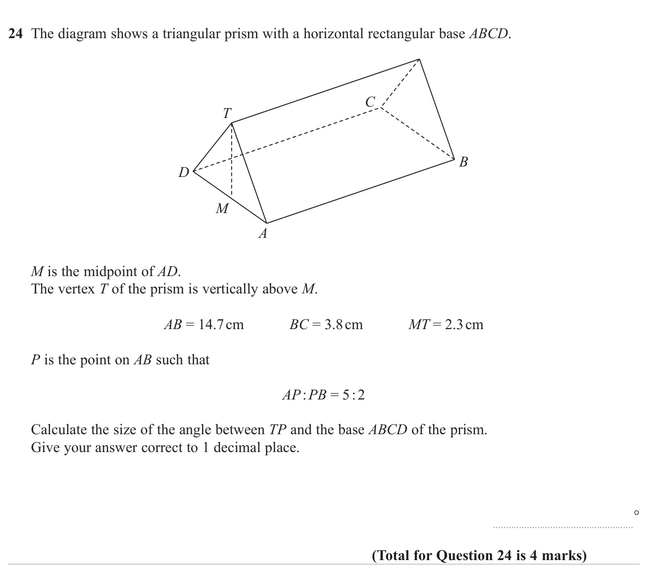 Find the angle between a sloping line and the horizontal base of a triangular prism using Pythagoras and trigonometry in 3D.