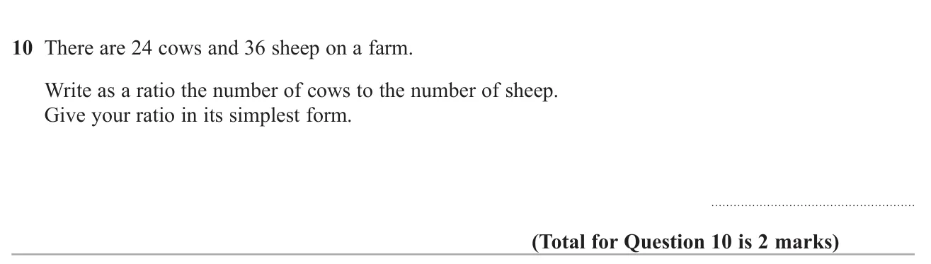 Write the ratio of two farm animal counts in simplest form.