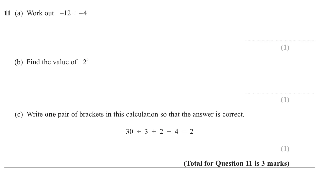 Divide negatives, evaluate a power and place brackets to make a calculation correct.