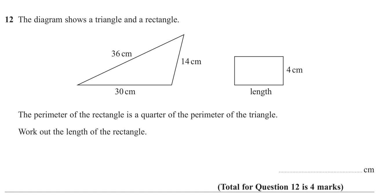 Use a triangle's perimeter to find the length of a rectangle whose perimeter is a quarter of it.