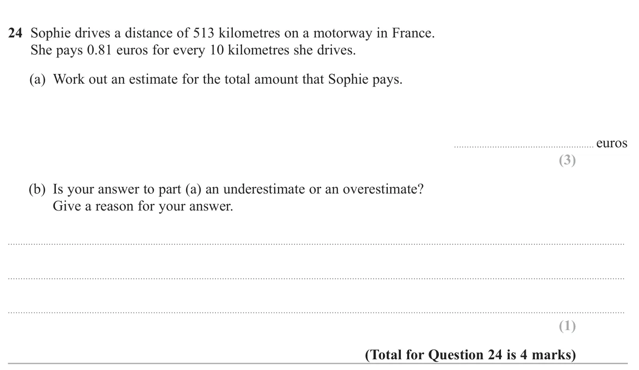 Estimate the cost of a motorway journey by rounding, then say if it is an under- or overestimate.
