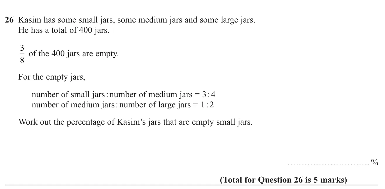 Use a fraction and two linked ratios to find what percentage of all jars are empty small jars.