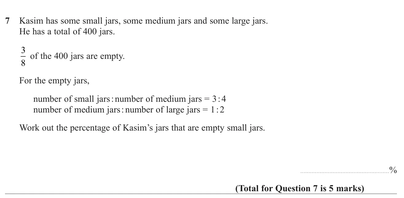 Use a fraction and two linked ratios to find what percentage of all jars are empty small jars.