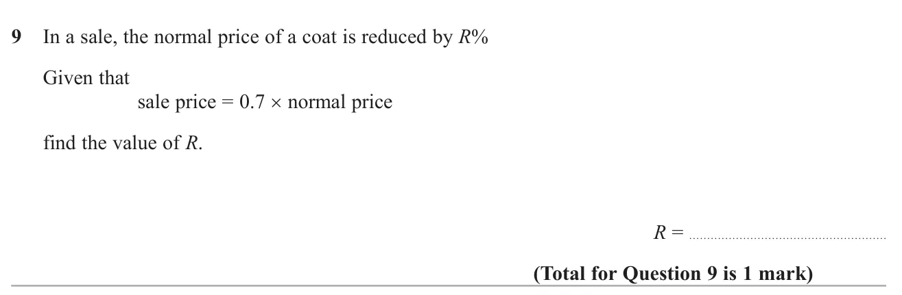 Find the percentage reduction when a sale price is 0.7 of the normal price.