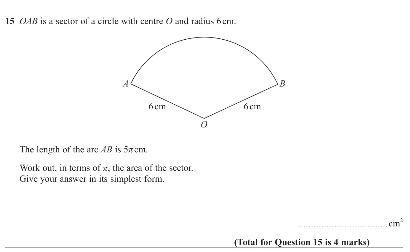 Given the radius and arc length of a sector, find its area in terms of pi.