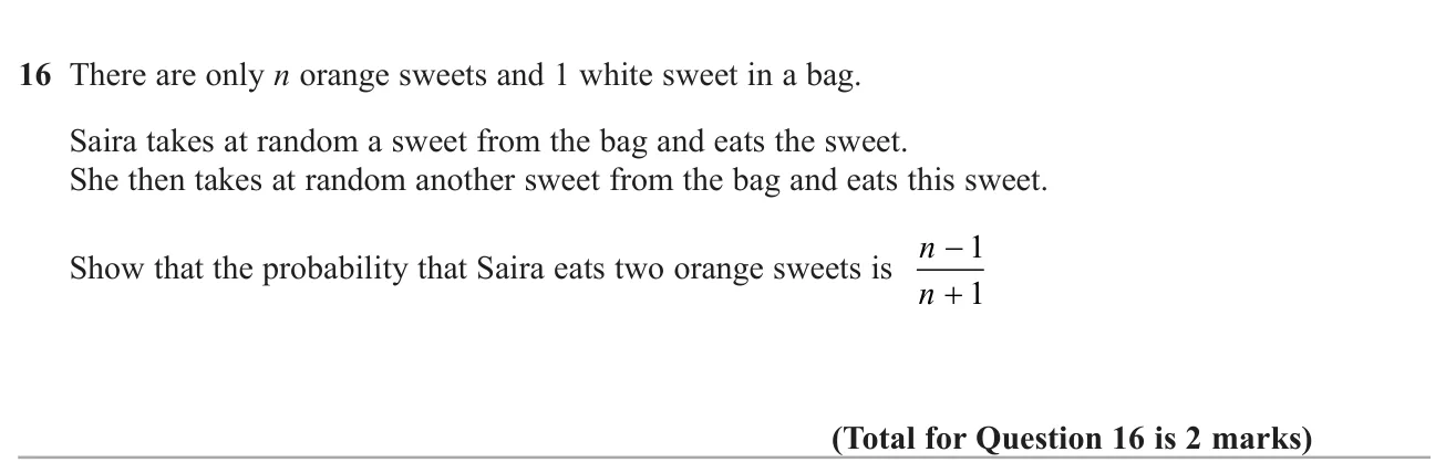Prove an algebraic expression for the probability of picking two orange sweets without replacement.