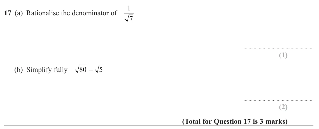 Rationalise the denominator of 1 over root 7, and simplify a difference of surds.