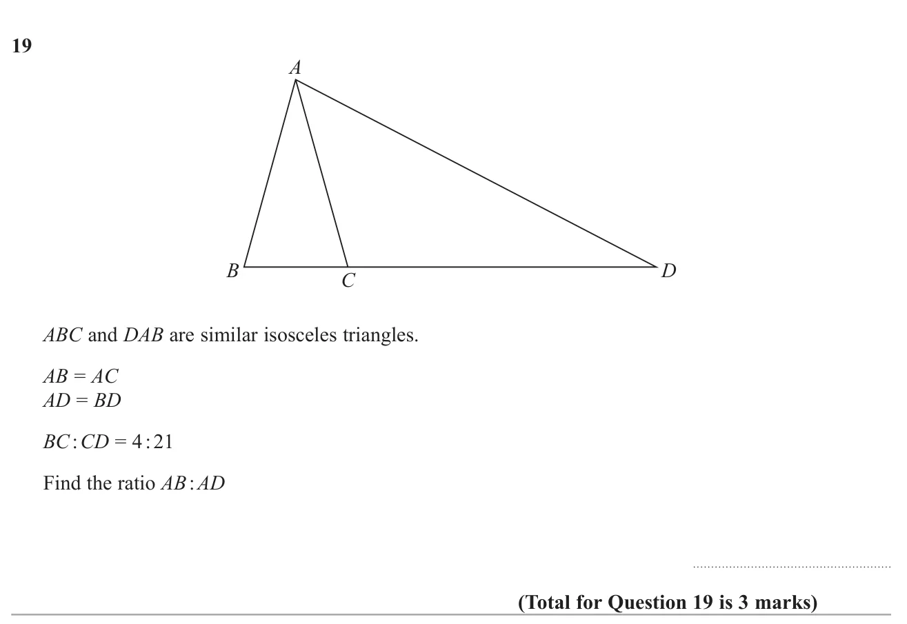 Use two similar isosceles triangles sharing a side to find the ratio of two side lengths.