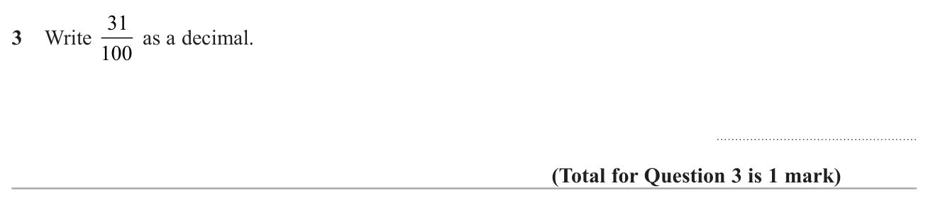 Write a fraction with denominator 100 as a decimal.