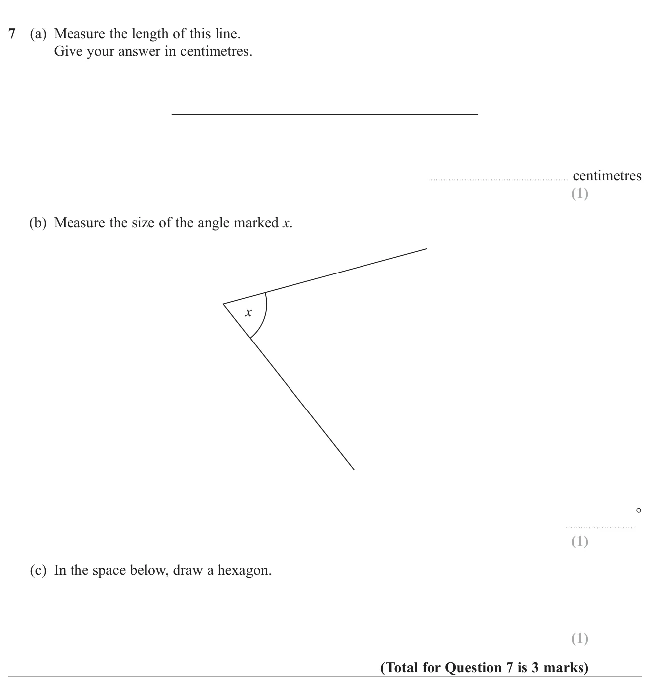 Measure a line and an angle, and draw a six-sided shape.