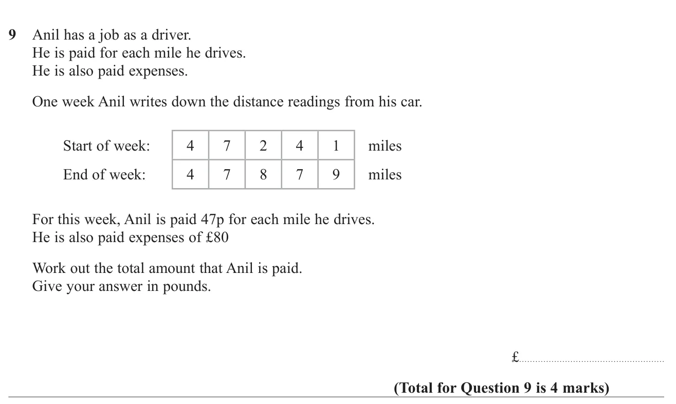 Use start and end mileage readings to work out a driver's pay per mile plus expenses.