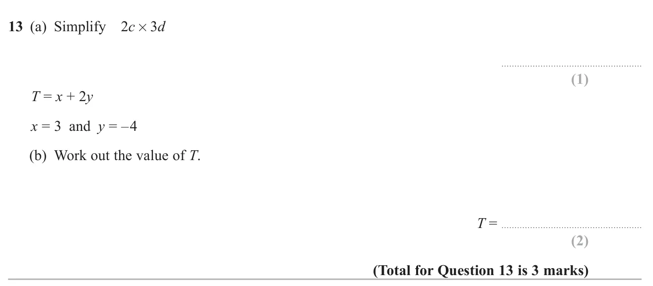 Simplify a product of two algebraic terms, and substitute a negative number into a formula.