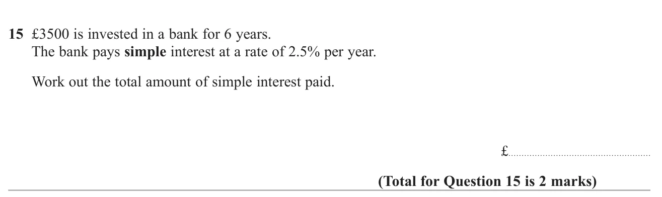 Work out the total simple interest earned on an investment over several years.