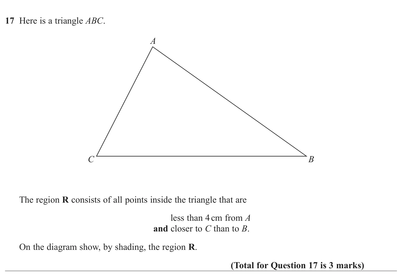 Shade the region inside a triangle that is within a given distance of one vertex and nearer to one vertex than another.