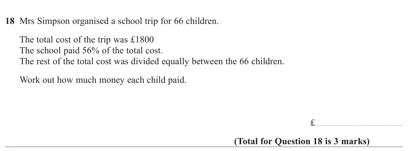 Find the remaining percentage of a cost after a school pays part, then share it equally between children.