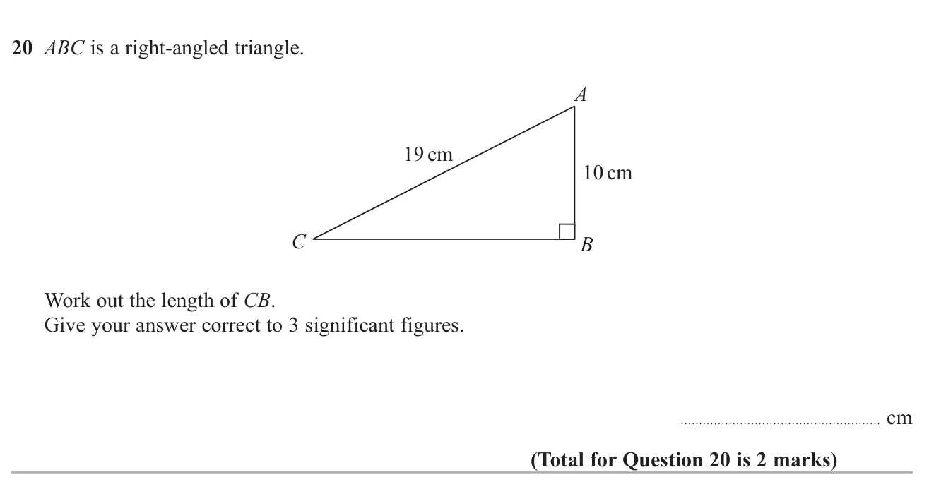 Use Pythagoras' theorem to find a shorter side of a right-angled triangle.