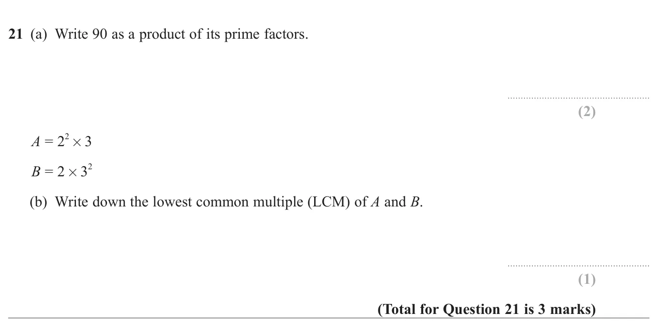 Write a number as a product of primes, and find the LCM of two numbers given in index form.