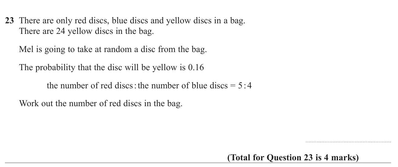 Use a probability to find the total number of discs, then share the rest in a ratio to find the red ones.
