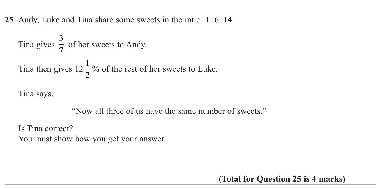 Share sweets in a ratio, apply a fraction and a percentage transfer, and check if everyone ends up equal.