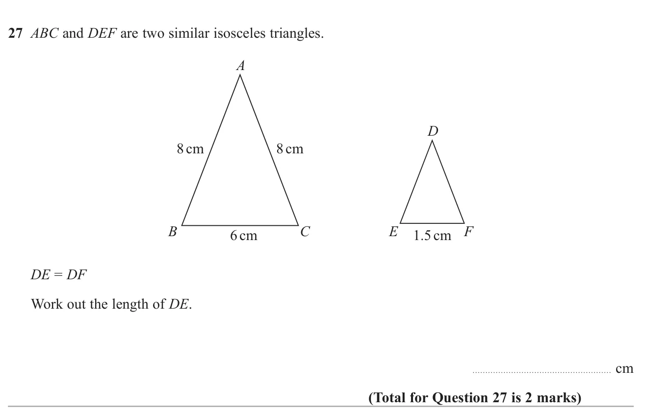 Use a scale factor between two similar triangles to find a missing side.