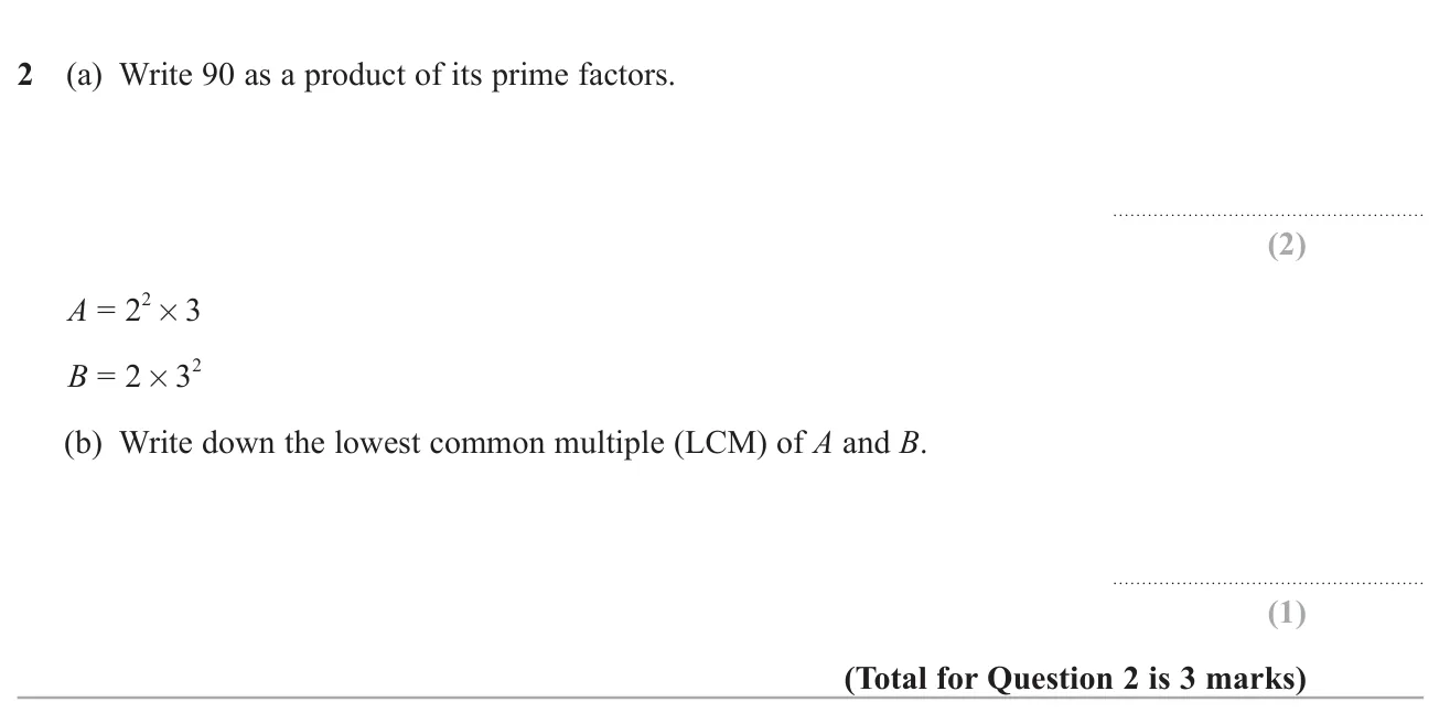 Write a number as a product of primes, and find the LCM of two numbers given in index form.