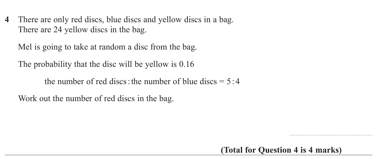 Use a probability to find the total number of discs, then share the rest in a ratio to find the red ones.
