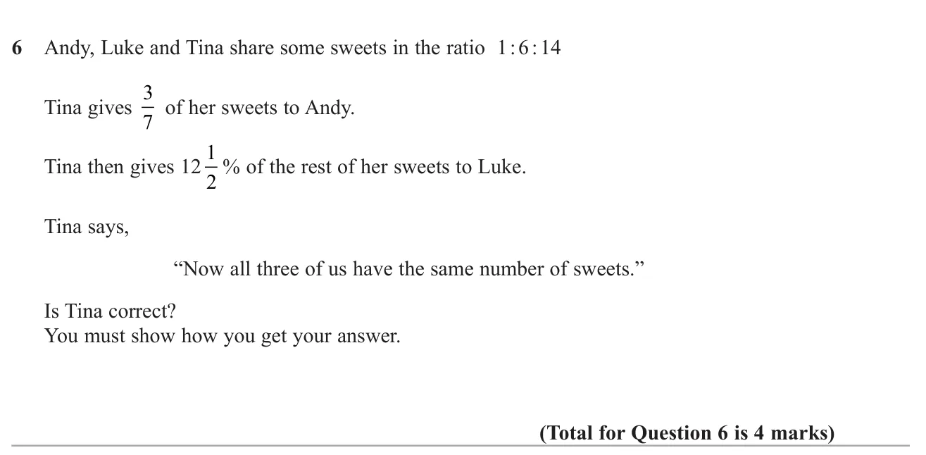 Share sweets in a ratio, apply a fraction and a percentage transfer, and check if everyone ends up equal.