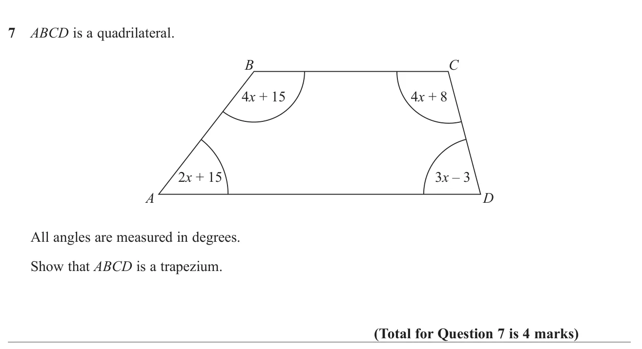 Use the angle sum of a quadrilateral with algebraic angles to show one pair of sides is parallel.