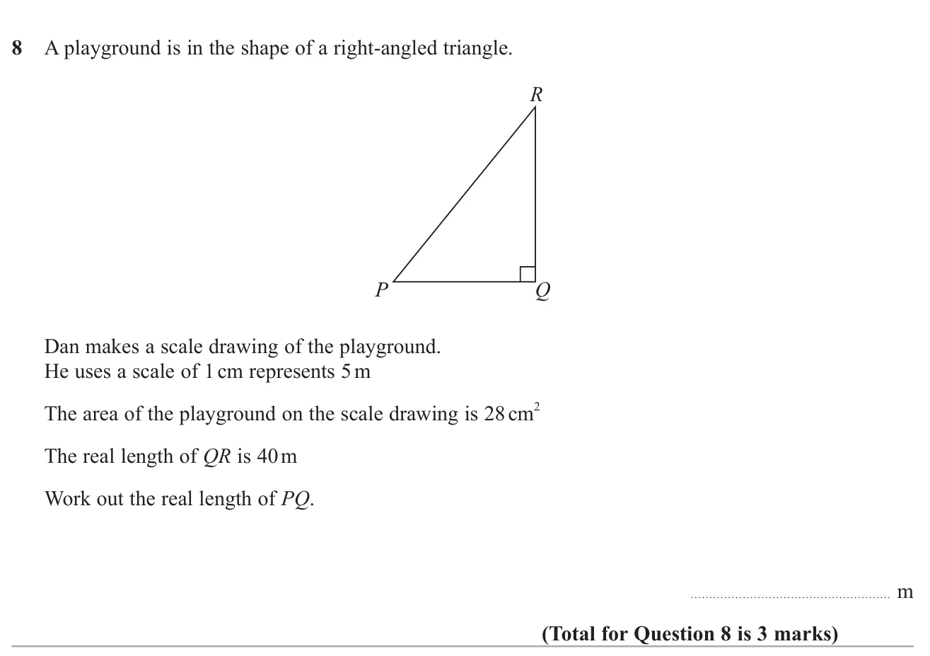 Use a scale drawing's area and one real side of a right-angled triangle to find another real side.